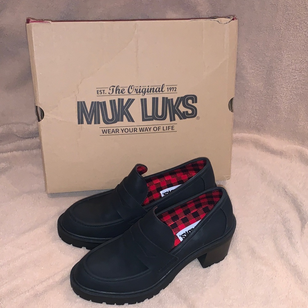Muk Luks Black Slip-On Loafers with Red Plaid Lining